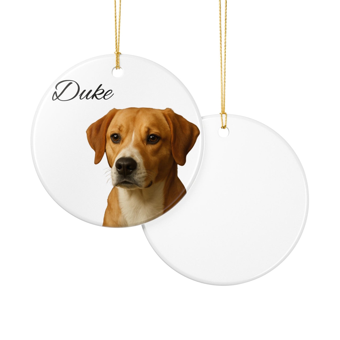 Personalized ceramic dog portrait ornament featuring Duke, decorative pet ornament with custom artwork for dog lovers.
