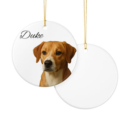Personalized ceramic dog portrait ornament featuring Duke, decorative pet ornament with custom artwork for dog lovers.
