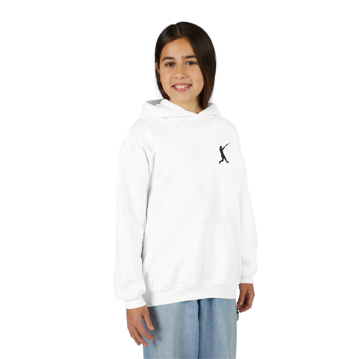 Youth baseball silhouette hoodie featuring a kids baseball player design, made by Printify, perfect for young sports fans.