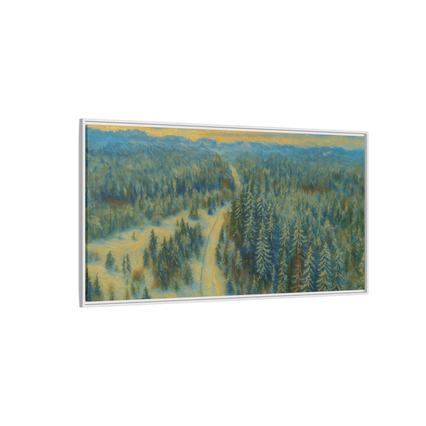Framed matte canvas print of a serene winter forest landscape by Printify, showcasing snowy trees and peaceful winter scenery.