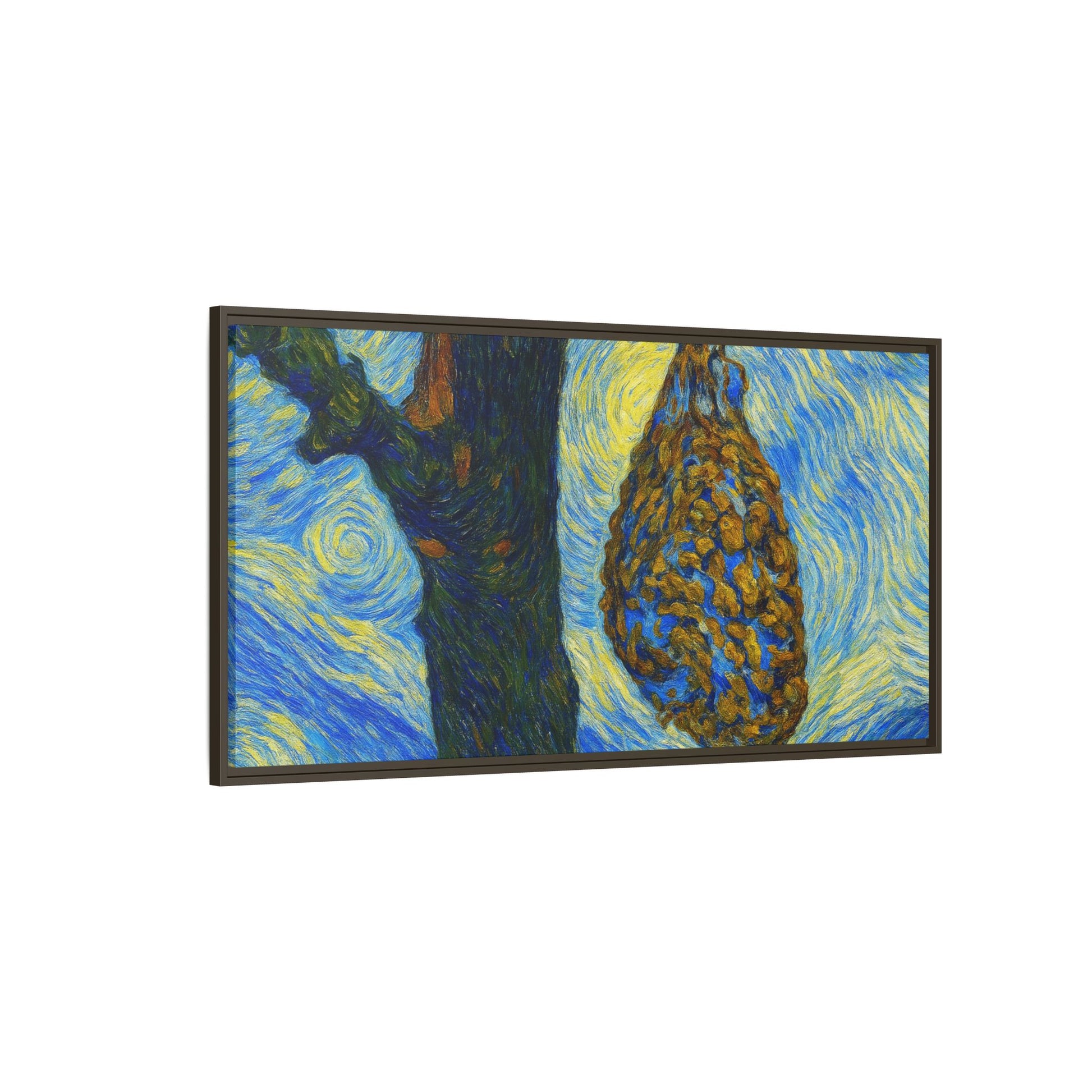 Framed matte canvas art of a starry nut cluster on dried plum tree branches by Printify, showcasing detailed botanical artwork.