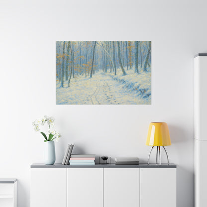 Snowy forest winter woodland canvas print by Printify, matte stretched wall art featuring a snowy forest scene.