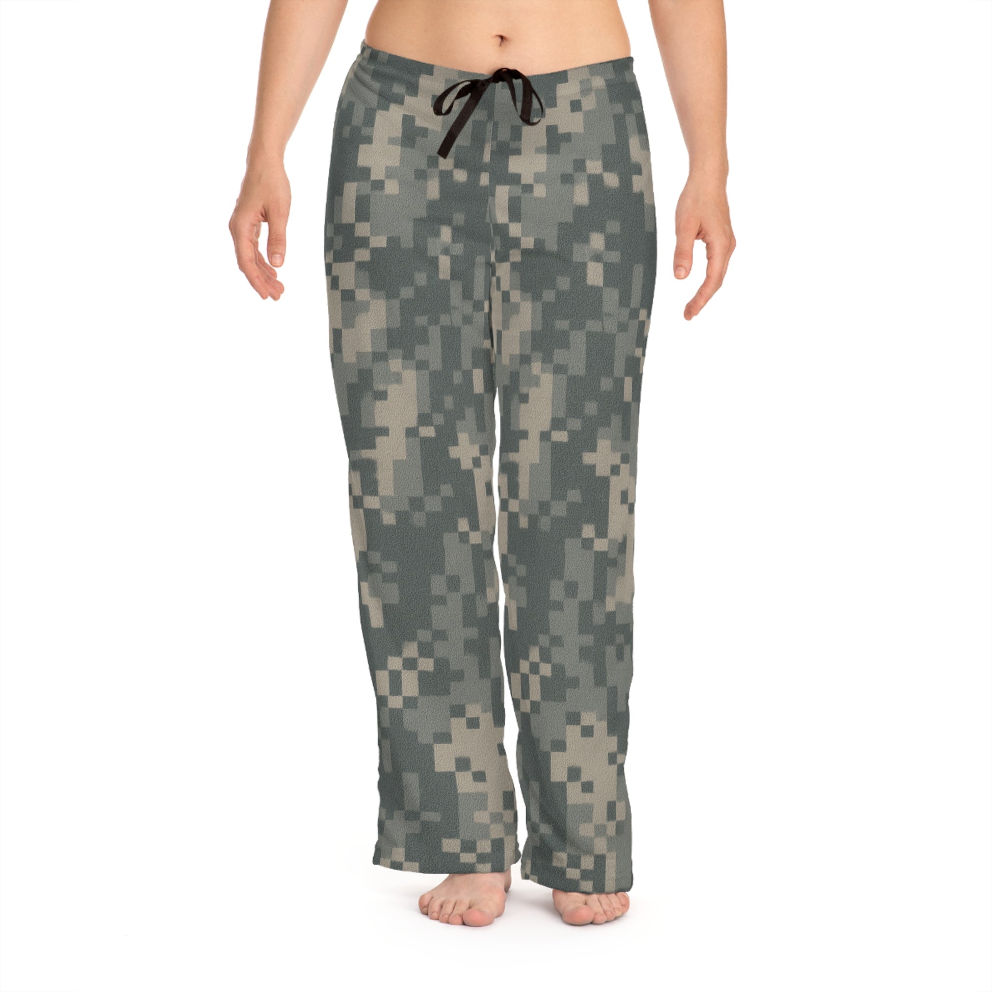 Women's camo pajama pants with digital army print, all-over camouflage design, comfortable lounge sleepwear by Printify.