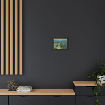 Framed matte canvas print of a serene winter forest landscape, featuring snow-covered trees and tranquil scenery by Printify.