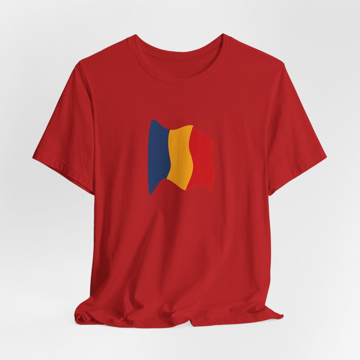 Romania flag T-shirt by Printify featuring a minimal waving tricolor design on a casual cotton tee.