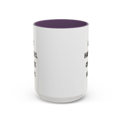 Black ceramic mug with "Life Happens Coffee Helps" text, 11oz or 15oz size, featuring a black handle and rim, by Printify.