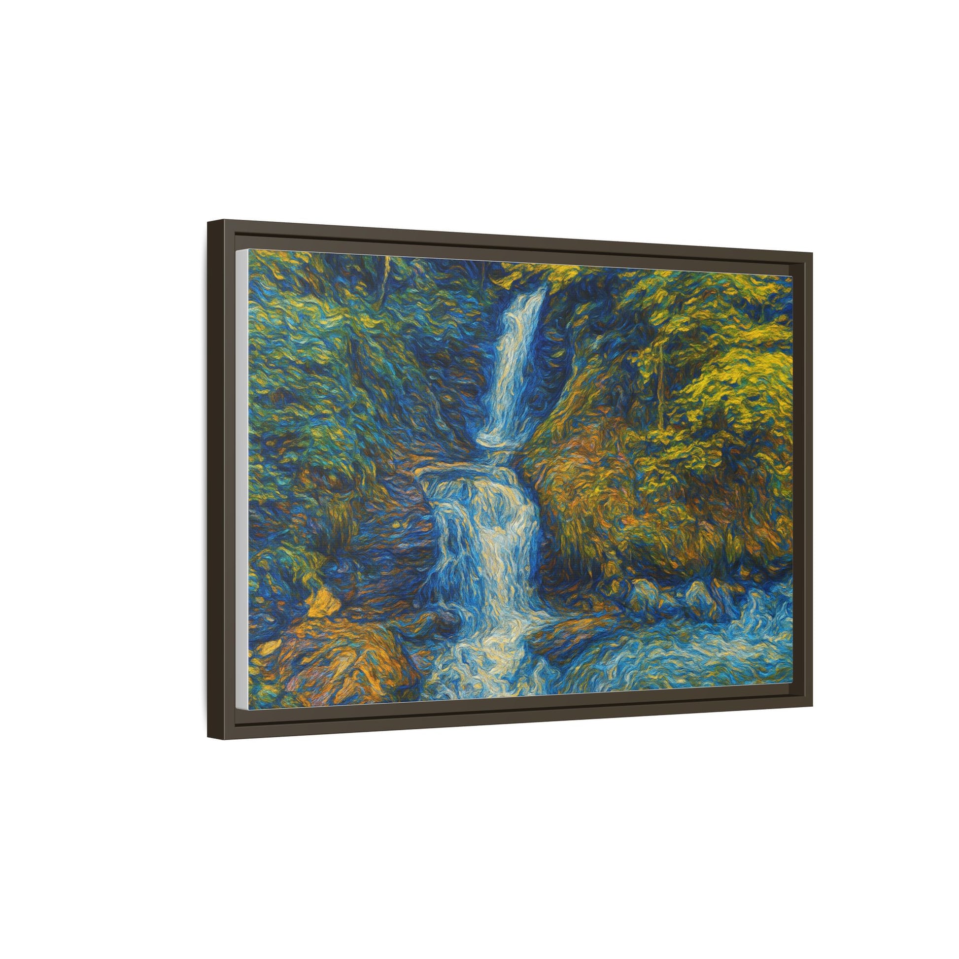 Framed matte canvas print of impressionist waterfall wall art by Printify, showcasing vibrant colors and textured brushstrokes.