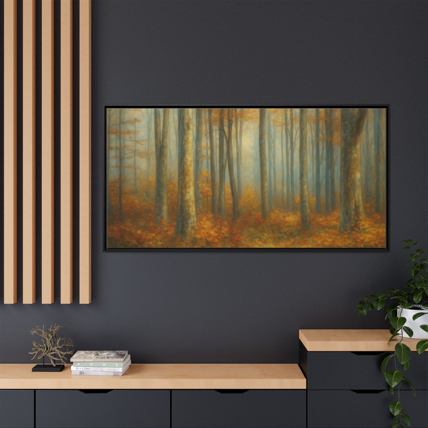 Framed autumn forest canvas print featuring misty woodland scene, wall art by Printify, suitable for nature-inspired home decor.