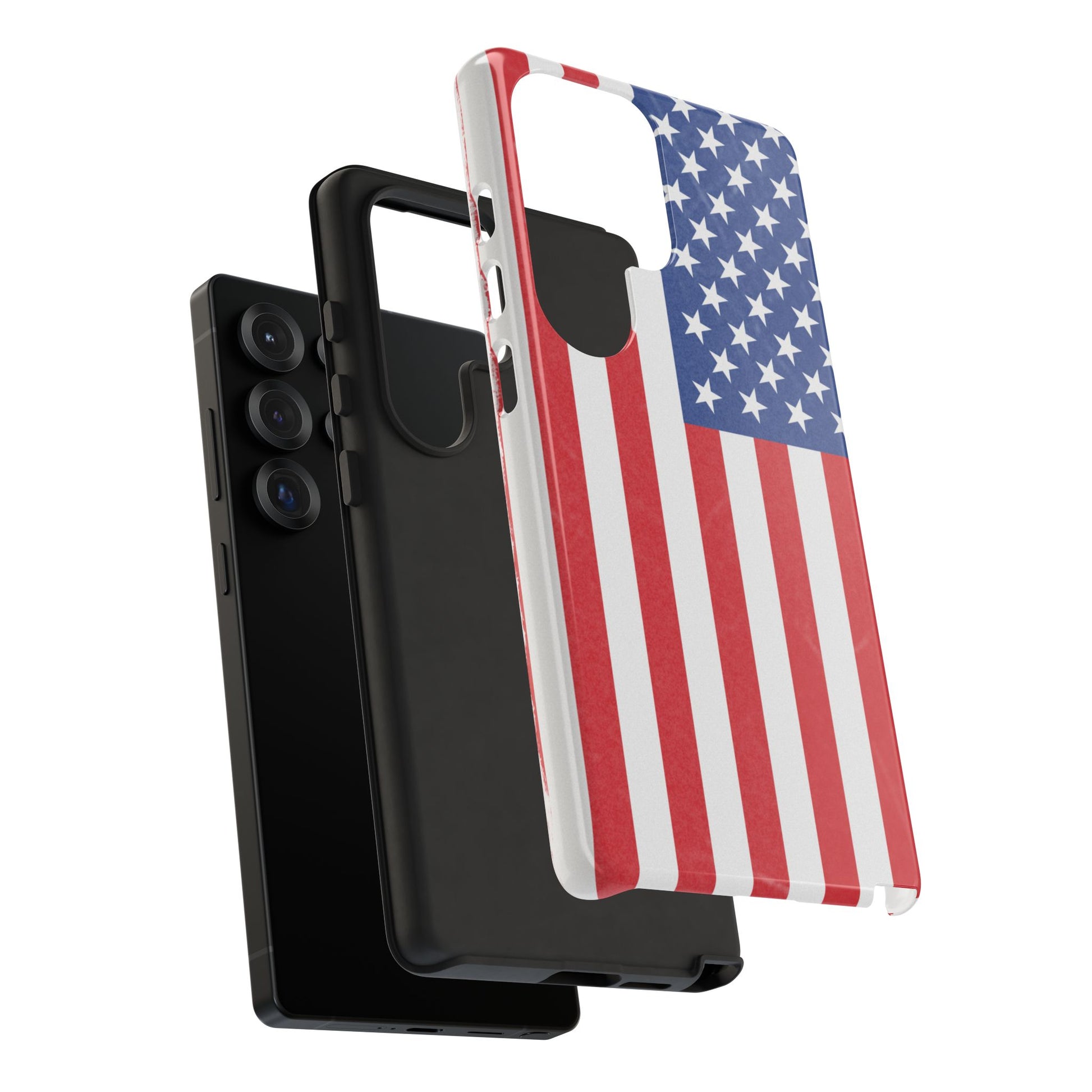 Durable American flag print phone case for iPhone, patriotic design, protective tough cover by Printify on white background