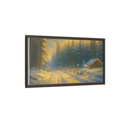 Framed winter cabin canvas print featuring a snowy forest sunset, wall art by Printify showcasing a peaceful winter scene.