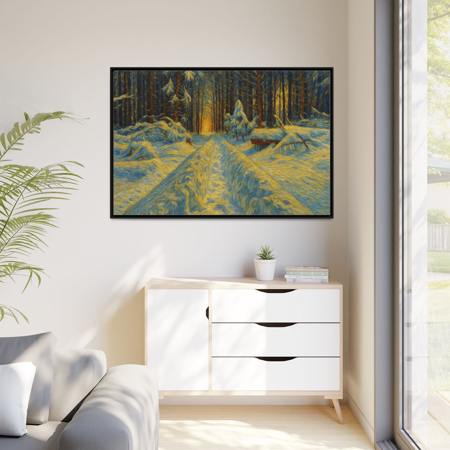 Framed matte canvas print of a snowy forest path at sunset, wall art by Printify showcasing winter nature scene.