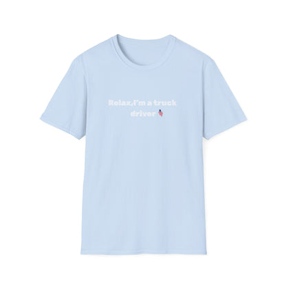 Pink heart and funny "Relax, I'm a Truck Driver" T-shirt by Printify, featuring casual trucker graphic on a comfortable tee.