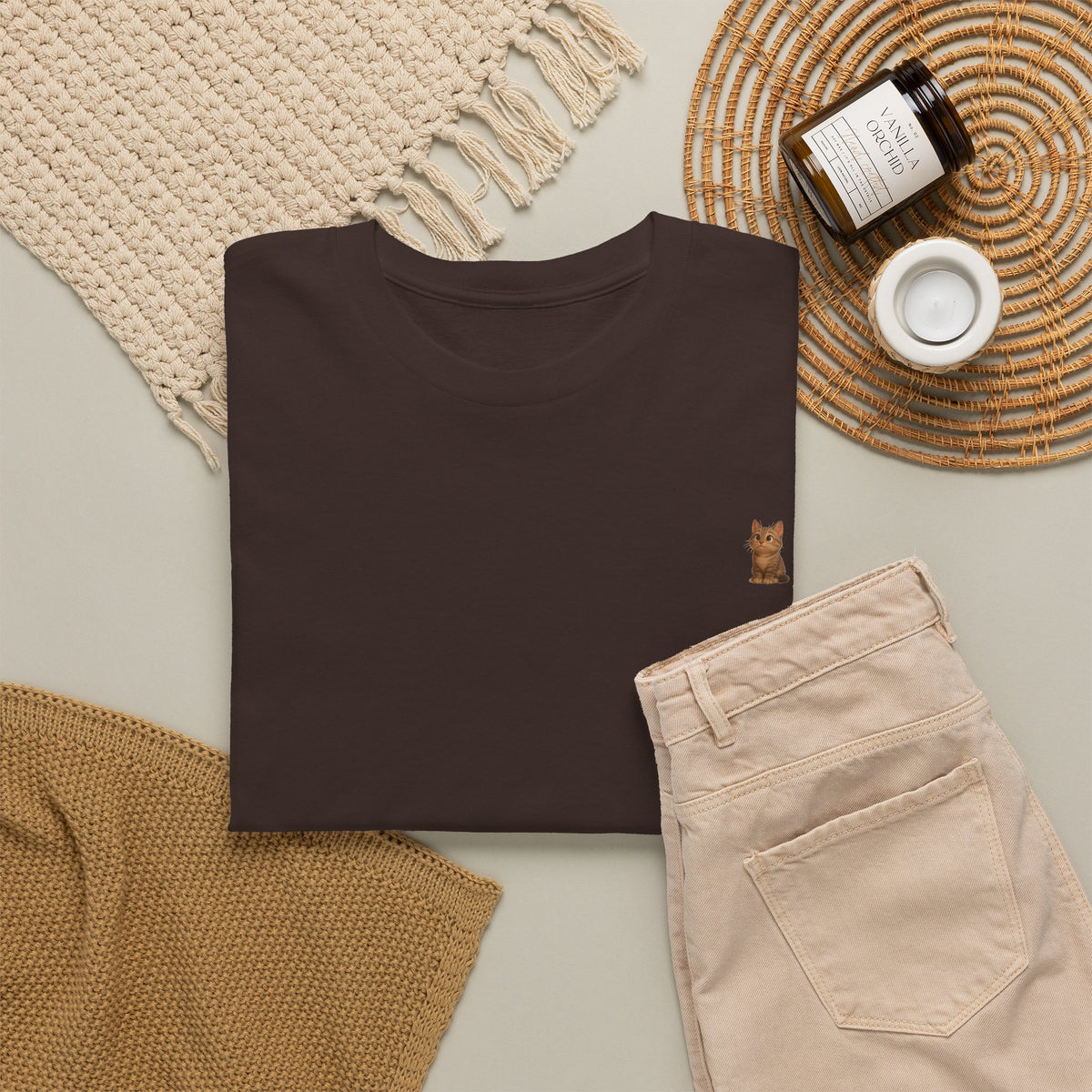 Brown kitten graphic T-shirt for cat lovers, featuring a cute cat design on a comfortable Printify T-shirt.