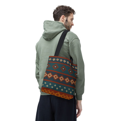 Southwestern diamond pattern tote bag with aztec tribal geometric print, featuring sturdy handles and vibrant design.