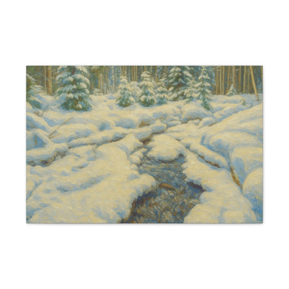 Snowy forest stream winter landscape canvas wall art by Printify, featuring a tranquil snowy forest scene on stretched canvas.