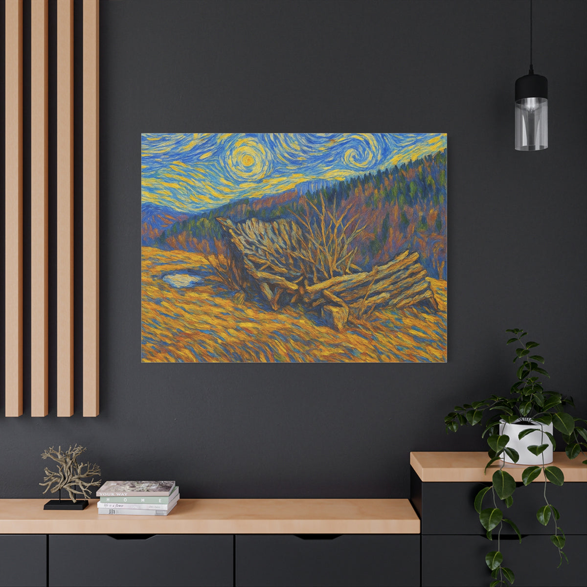 Impressionist Starry Landscape canvas print by Printify featuring a night sky scene with stars and a serene landscape in vibrant colors.