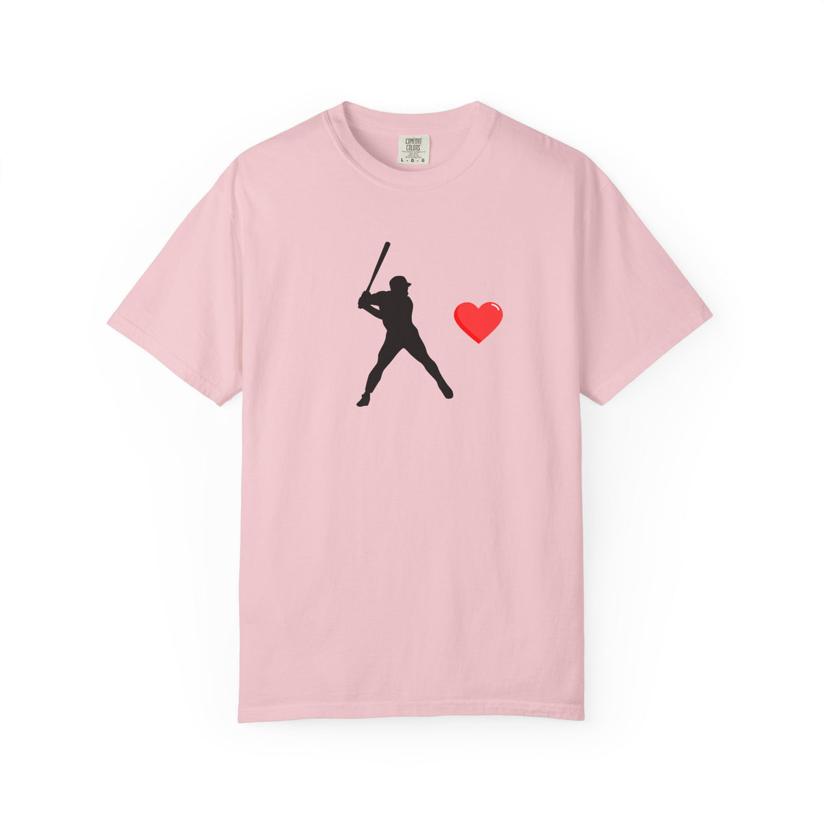 White baseball batter heart T-shirt by Printify featuring a graphic of a batter with a heart-shaped bat on the front.
