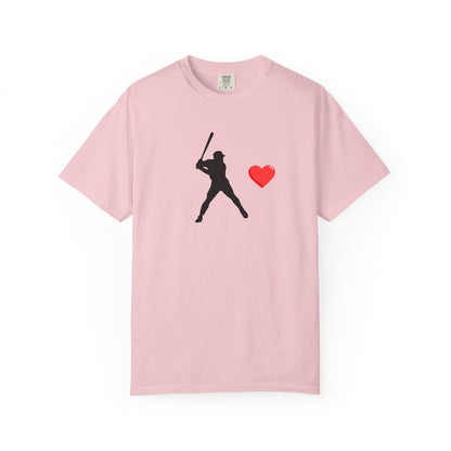 White baseball batter heart T-shirt by Printify featuring a graphic of a batter with a heart-shaped bat on the front.