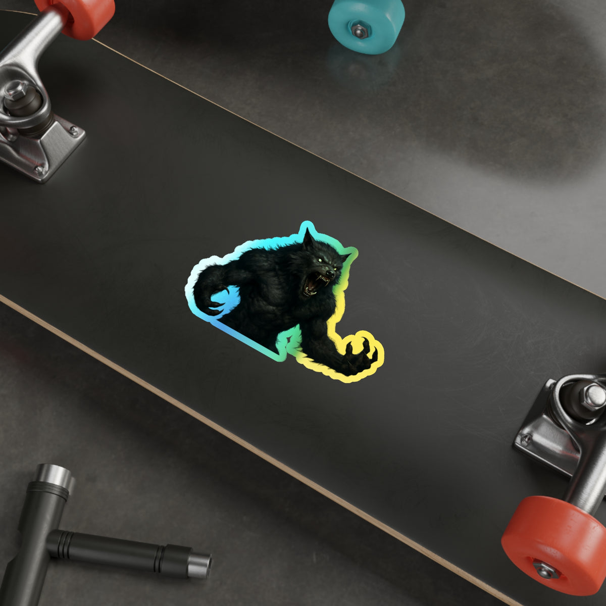 Holographic werewolf die-cut sticker with rainbow moonlight design, featuring a moonlit monster on shiny paper material.