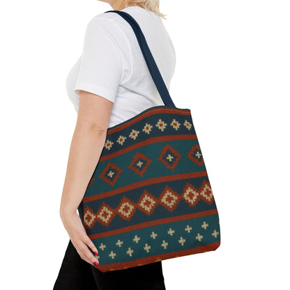 Southwestern diamond pattern tote bag with Aztec tribal geometric print, featuring sturdy handles and vibrant design.