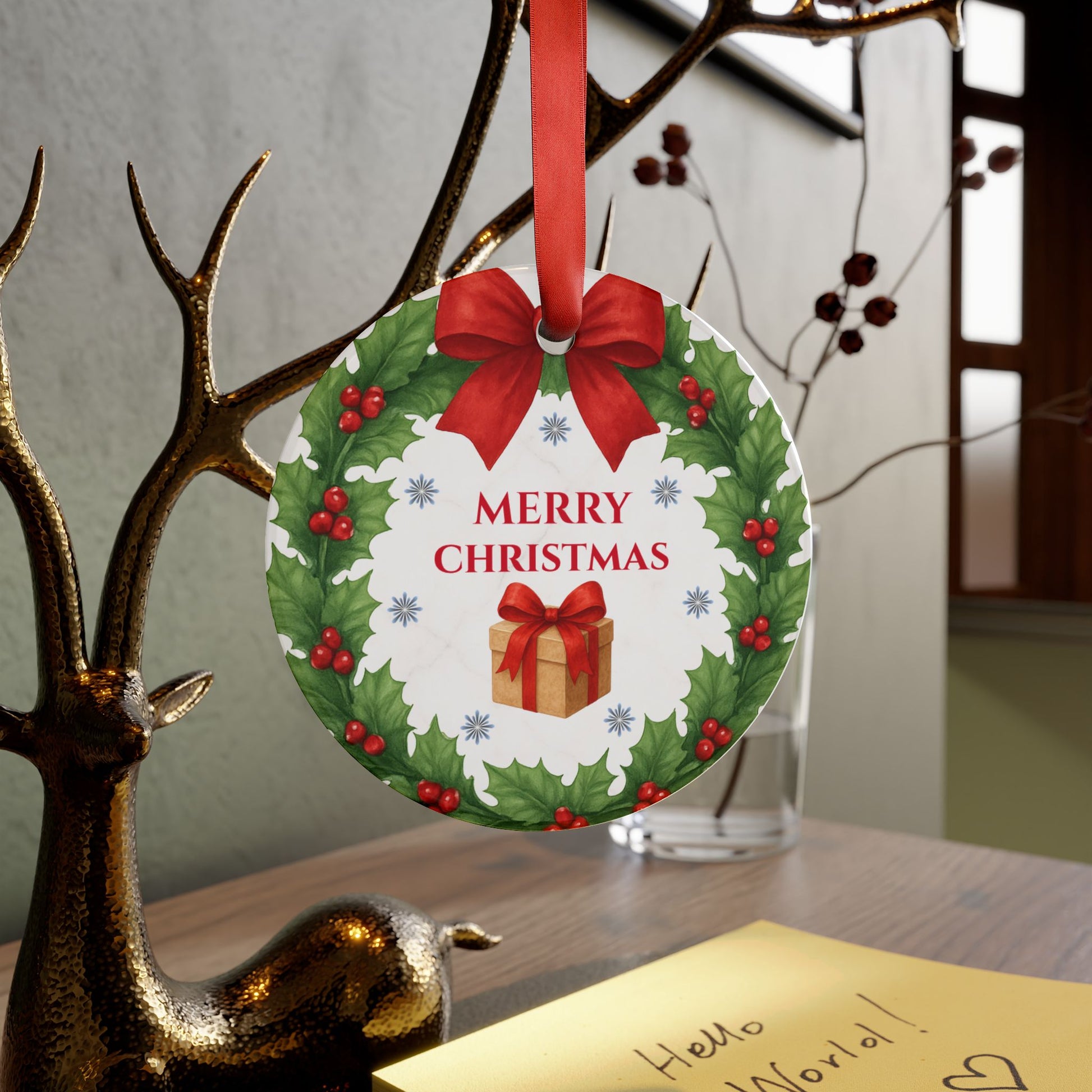 Round acrylic Merry Christmas wreath ornament with festive holiday design, ideal for Christmas decorations and gift embellishments.