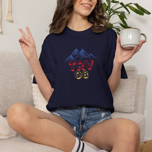 Unisex garment-dyed T-shirt with TRV08 Logo print by Printify, soft fabric, casual fit, front view.