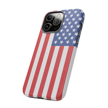 Durable American flag tough phone case for iPhone, patriotic design, protective printify phone cover with bold flag pattern.