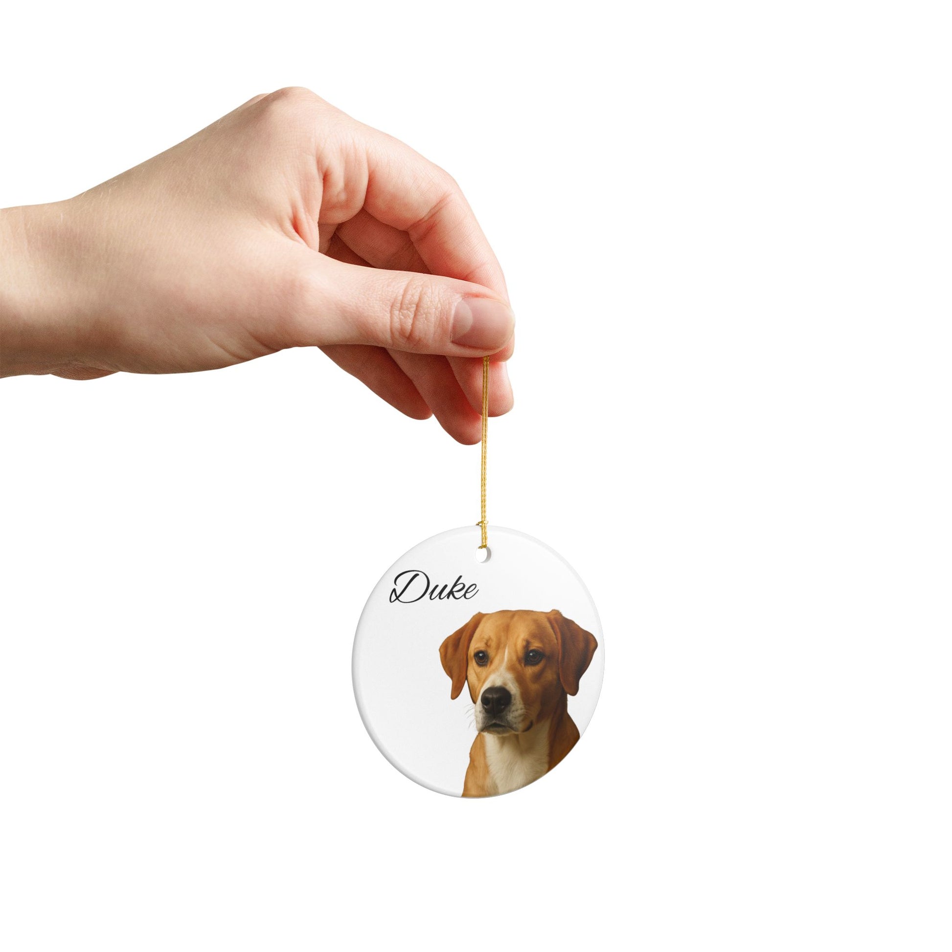 Personalized ceramic dog portrait ornament featuring Duke, a custom pet keepsake with detailed dog image and decorative design.