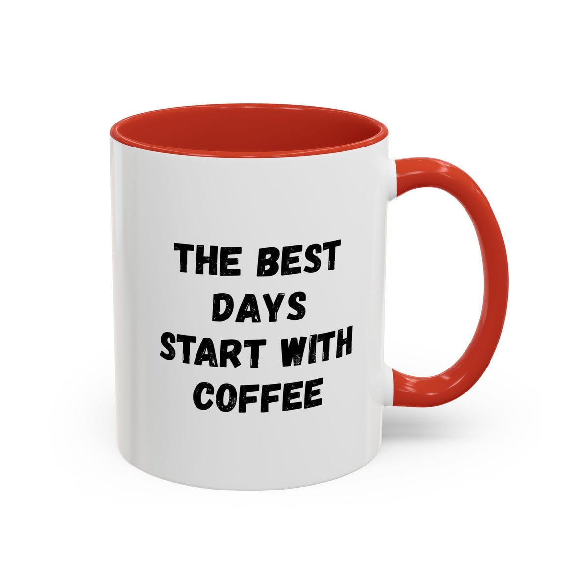 Ceramic coffee mug with "The Best Days Start With Coffee" print, 11oz size, featuring a white background and colorful lettering.