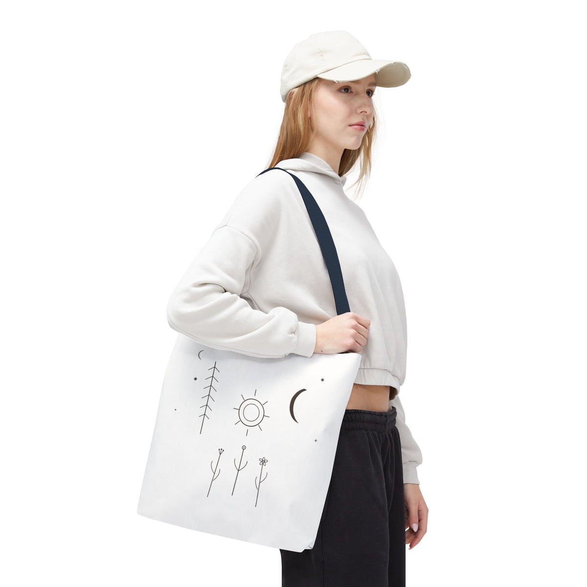 Minimal Moon and Sun botanical tote bag featuring celestial line art design, made by Printify.