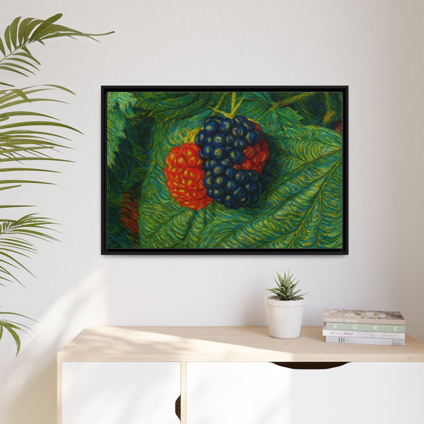 Blackberry still life framed canvas print by Printify, featuring detailed blackberries on a textured canvas background.