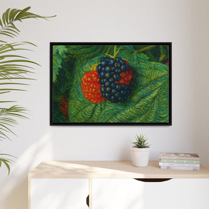 Blackberry still life framed canvas print by Printify, featuring detailed blackberries on a textured canvas background.