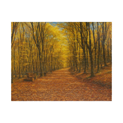 520-piece Autumn Forest Path puzzle by Printify showing fall trees and vibrant autumn foliage in a scenic woodland scene.