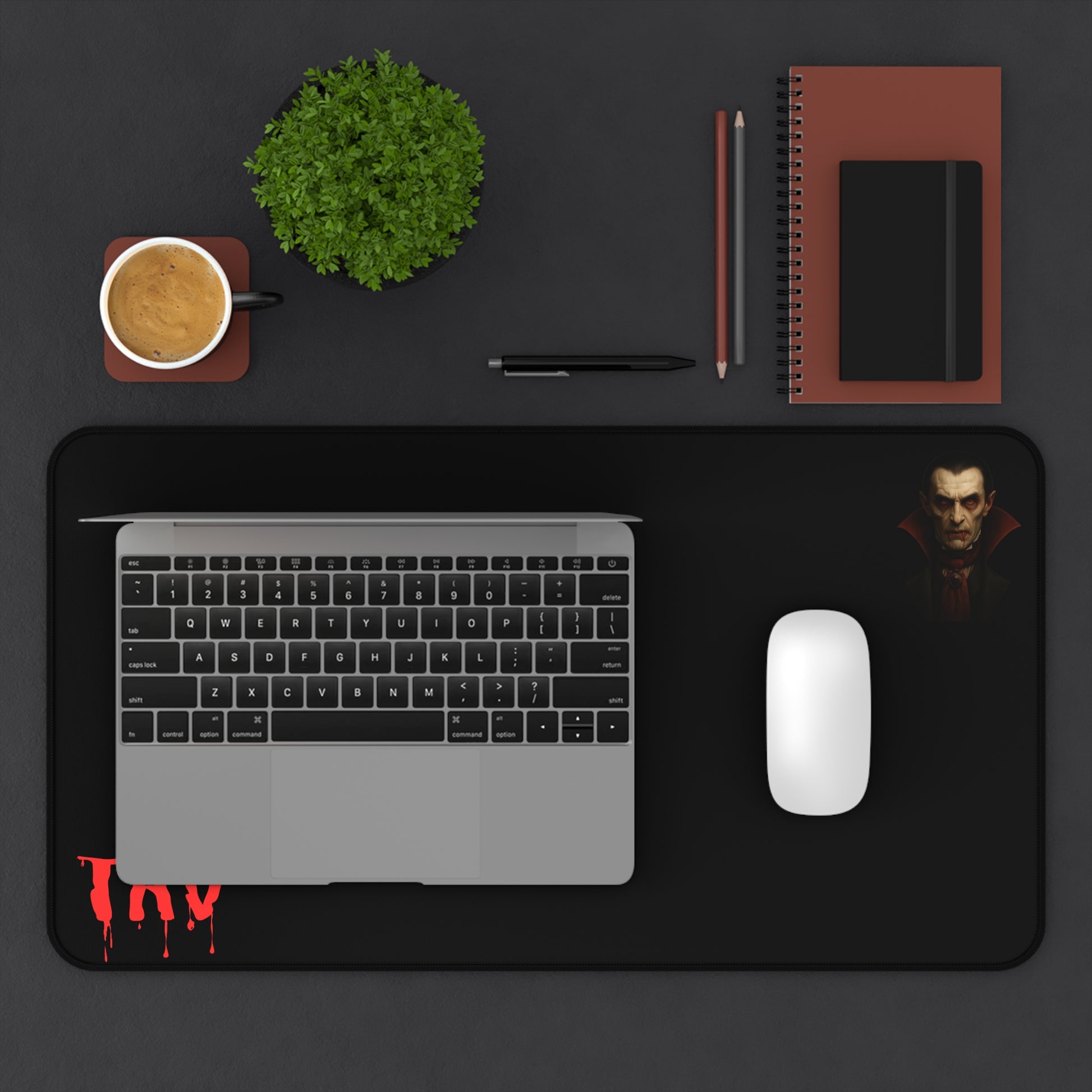 Vampire portrait desk mat featuring blood drip design, ideal for gaming or workspace, by Printify.