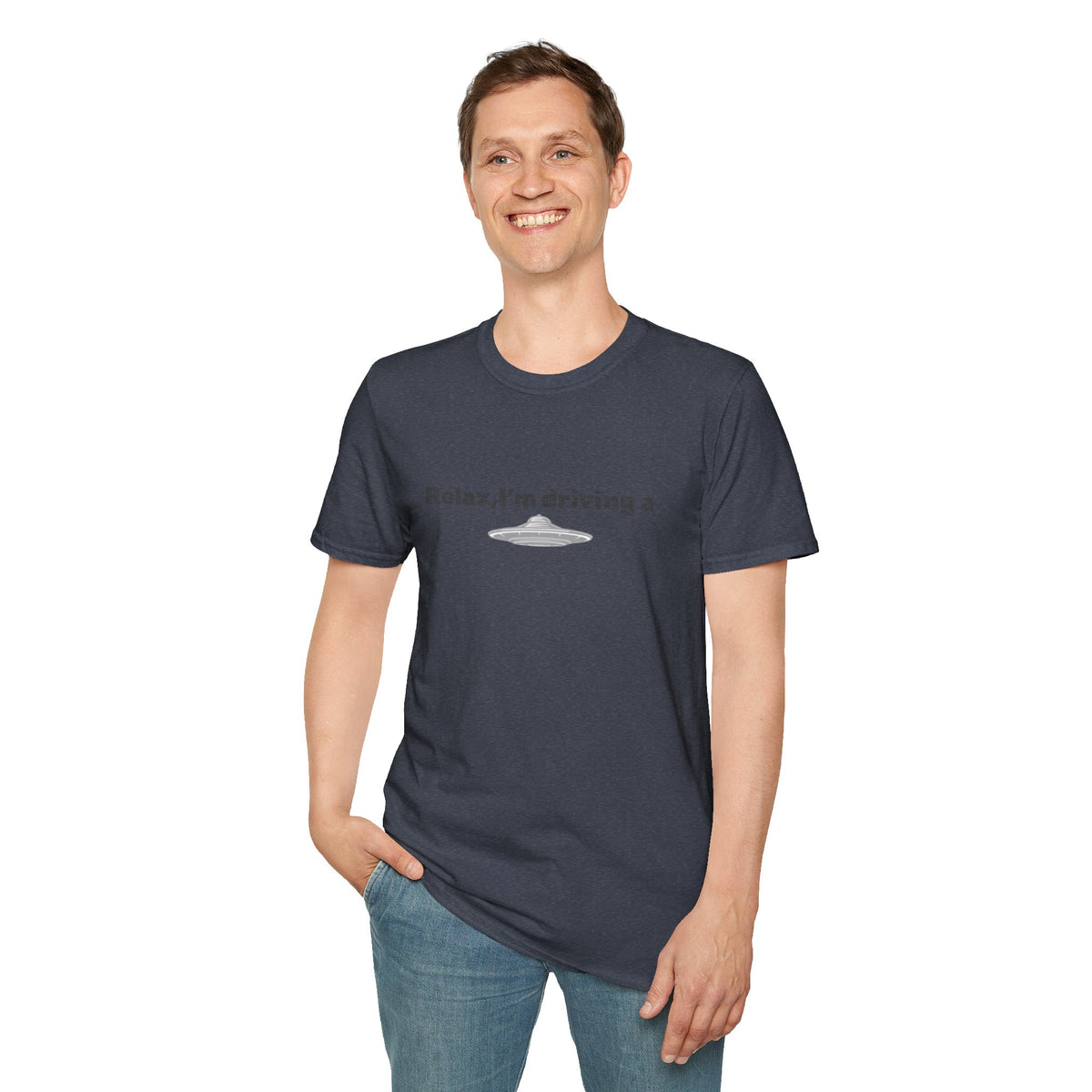 Funny alien graphic T-shirt from Printify featuring a UFO design, perfect for sci-fi fans and casual wear.