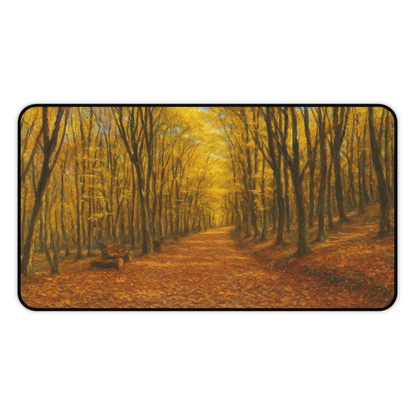 Autumn Forest Path desk mat featuring fall leaves and scenic woodland design, ideal for a stylish computer mousepad.
