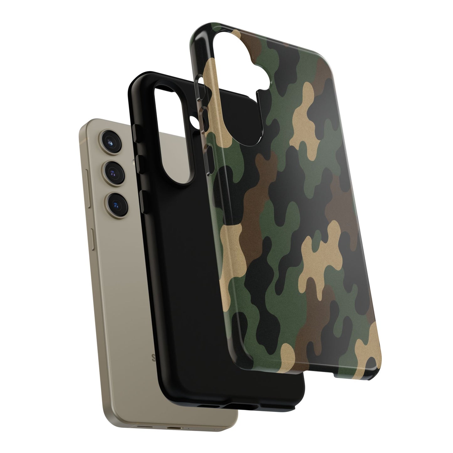 Camouflage tough phone case by Printify, rugged camo protective cover fitting a smartphone, with a durable, tactical design.