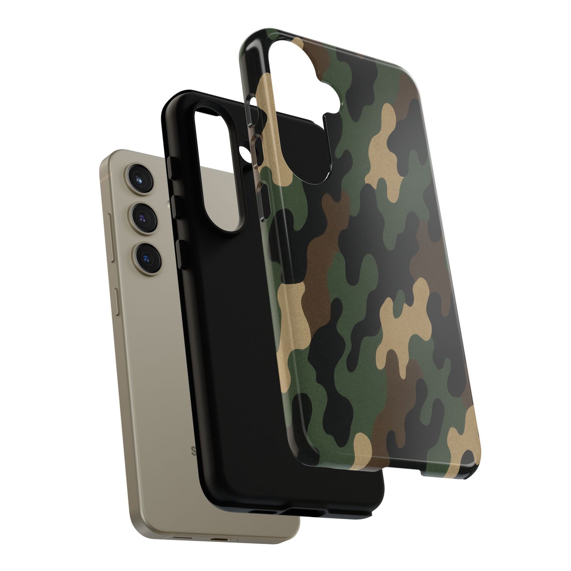 Camouflage tough phone case by Printify, rugged camo protective cover fitting a smartphone, with a durable, tactical design.