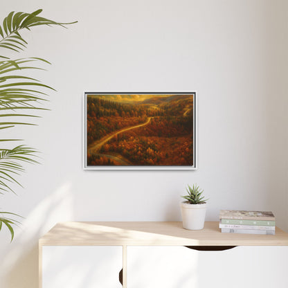 Framed matte canvas print of autumn forest road landscape wall art by Printify, featuring vibrant fall colors and nature scene.