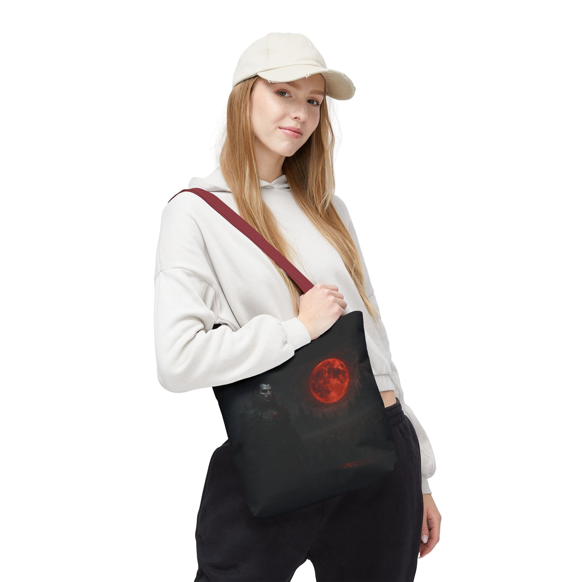 Gothic Dracula tote bag featuring moonlit vampire artwork, perfect Halloween gift, by Printify.