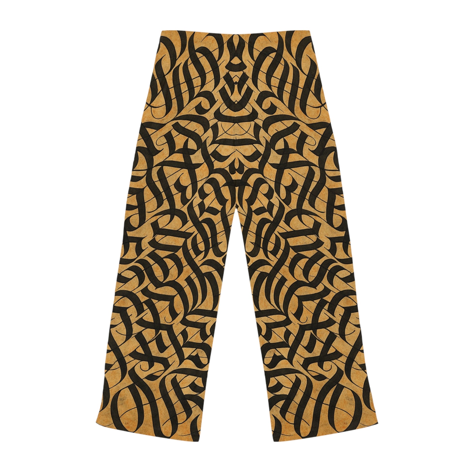 Women's gold and black tribal print pajama pants with all-over tribal design, cozy lounge sleepwear from Printify
