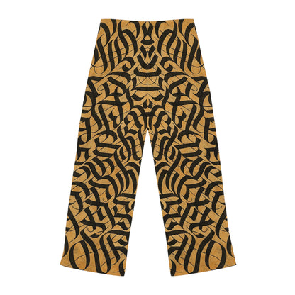 Women's gold and black tribal print pajama pants with all-over tribal design, cozy lounge sleepwear from Printify