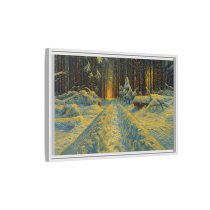 Framed matte canvas print of a snowy forest path at sunset, featuring vibrant colors and detailed woodland scenery.