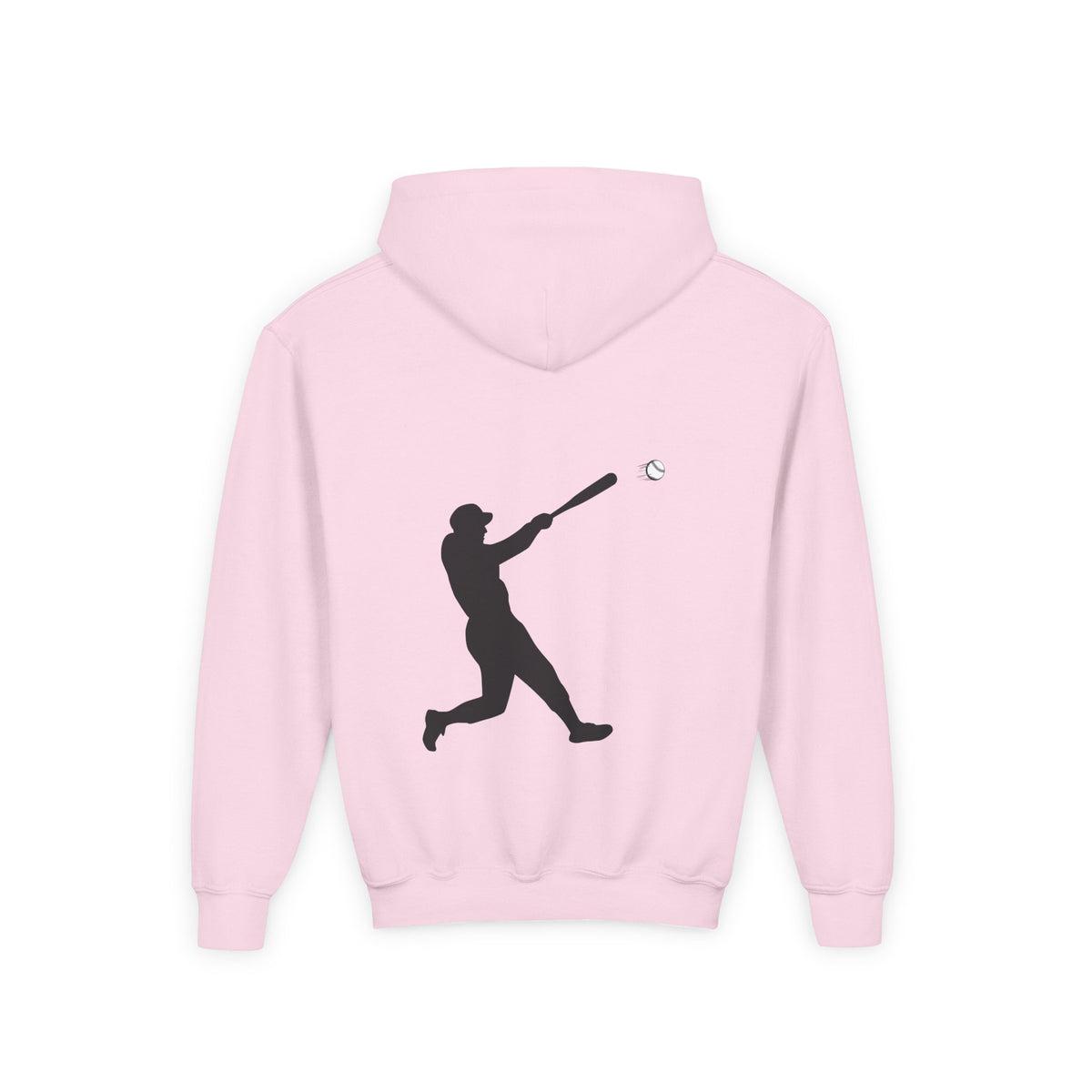 Youth baseball silhouette hoodie for kids, featuring a baseball player design on a comfortable pullover by Printify.