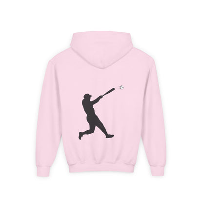 Youth baseball silhouette hoodie for kids, featuring a baseball player design on a comfortable pullover by Printify.