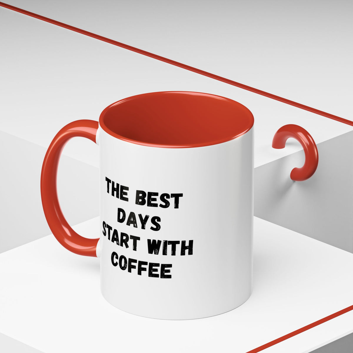 Ceramic coffee mug with "The Best Days Start With Coffee" quote, 11oz size, in white with black text, by Printify.