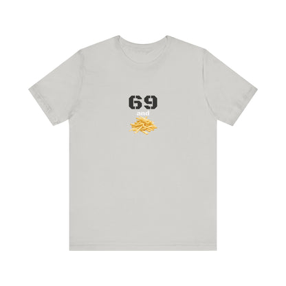 Unisex graphic T-shirt featuring a humorous 69 and French fries design in black and white, casual style by Printify.