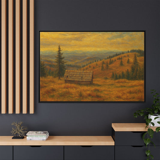 Framed Matte Canvas Print — Autumn Cabin Landscape Wall Art