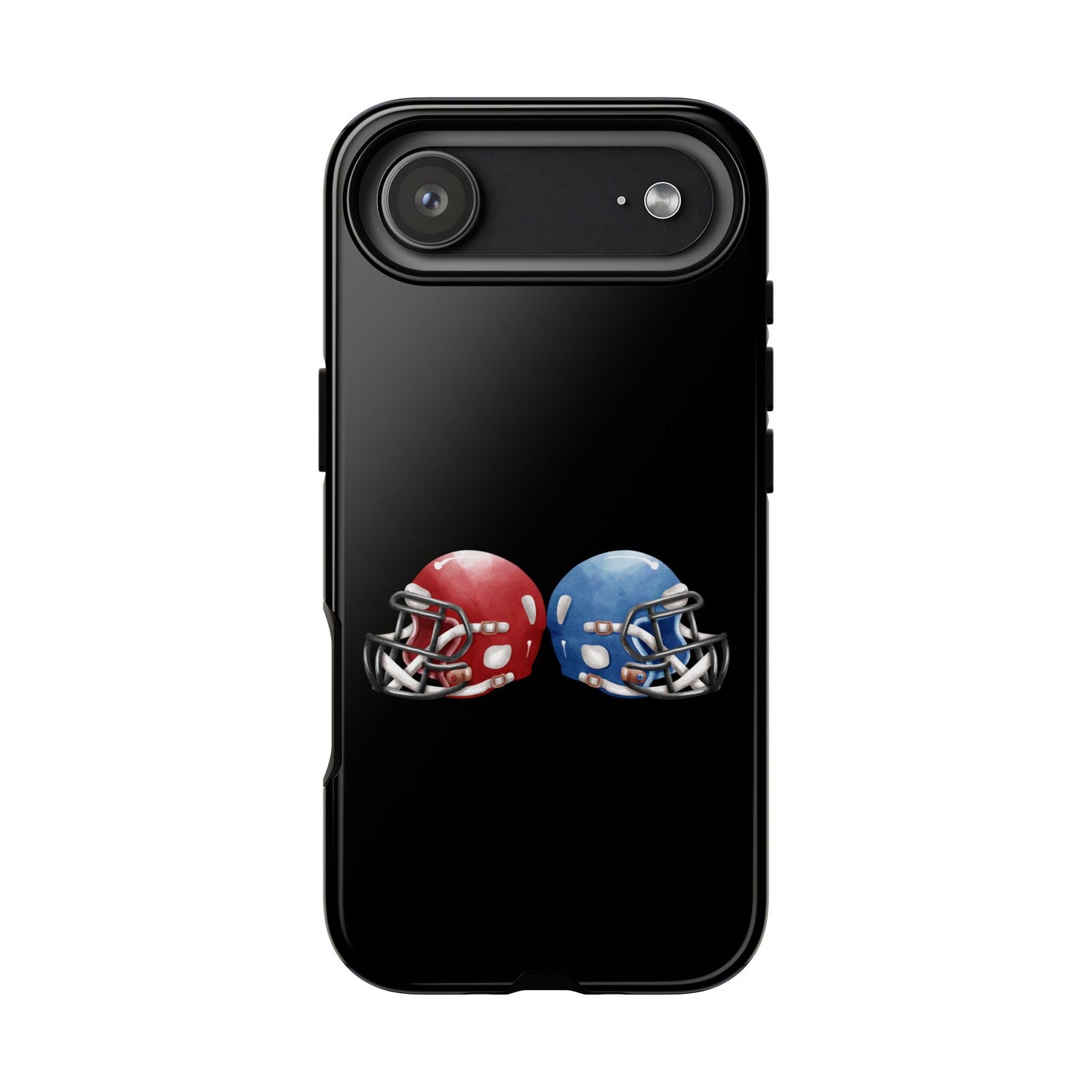 Red and blue football helmet themed phone case for iPhone, protective design by Printify featuring sporty sports helmet graphics.