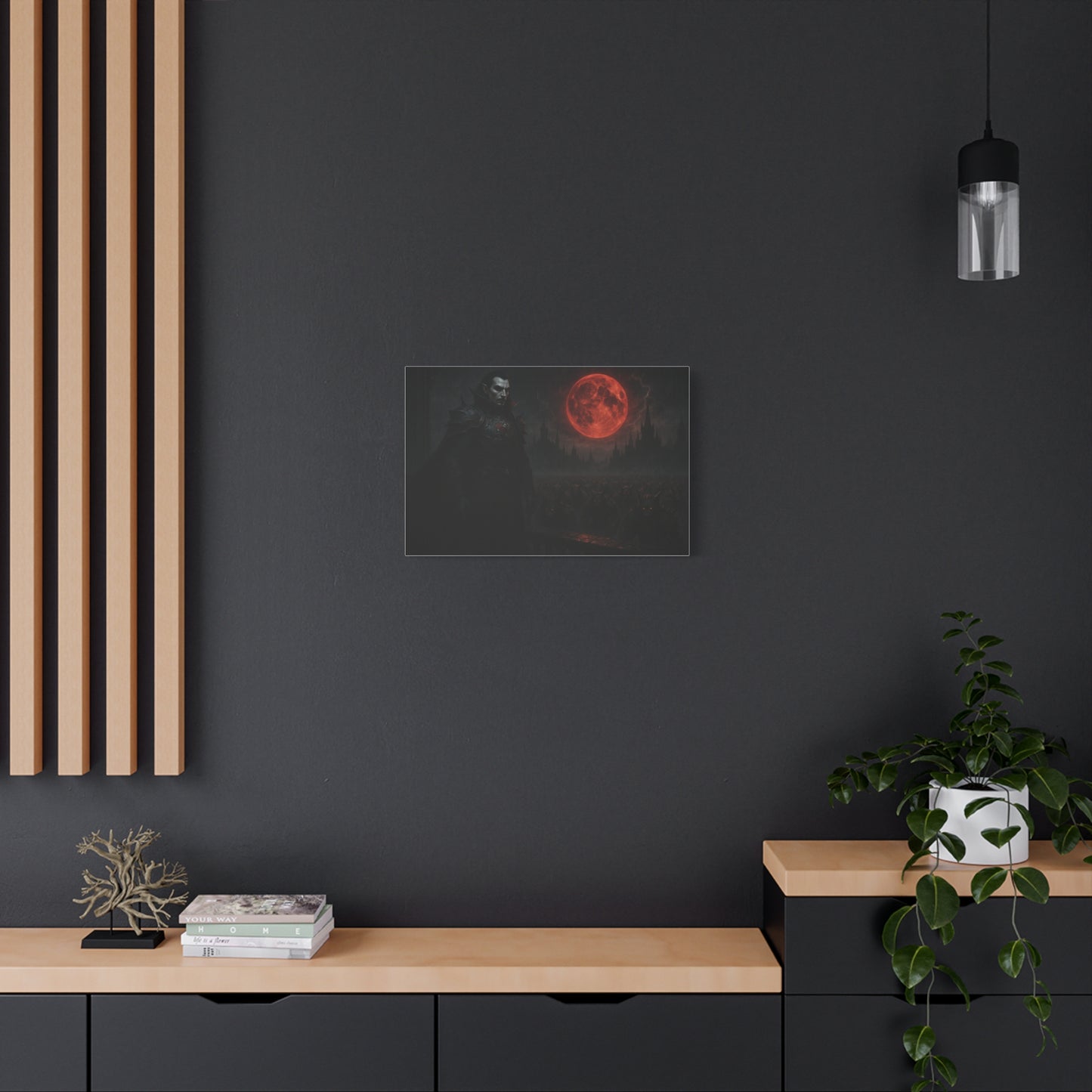 Red moon vampire lord matte canvas print featuring dark, gothic artwork on high-quality canvas, by Printify.